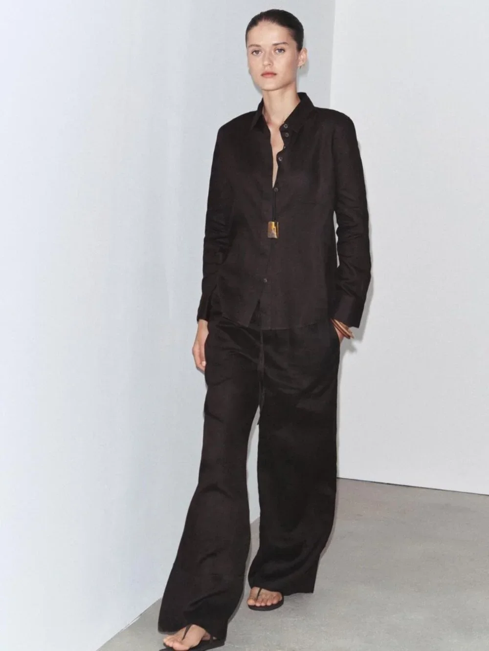 Zara ZW Collection 100% Linen Palazzo Pants Brown Drawstring Wide Leg NWT Medium